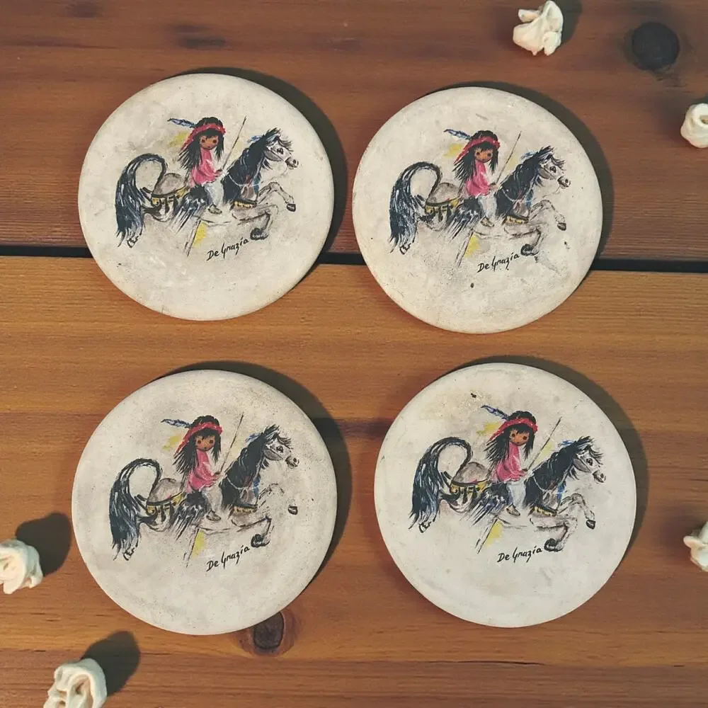 Set 4 Vintage DeGrazia Colorful Stone Coasters Native American Horse Art Signed
